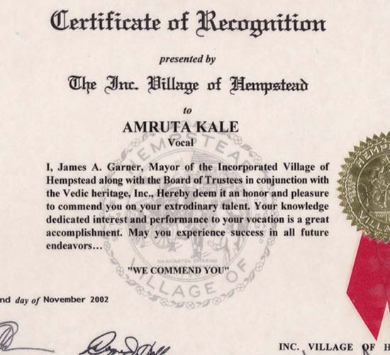 Certificate of recognition from USA Vedic Heritage